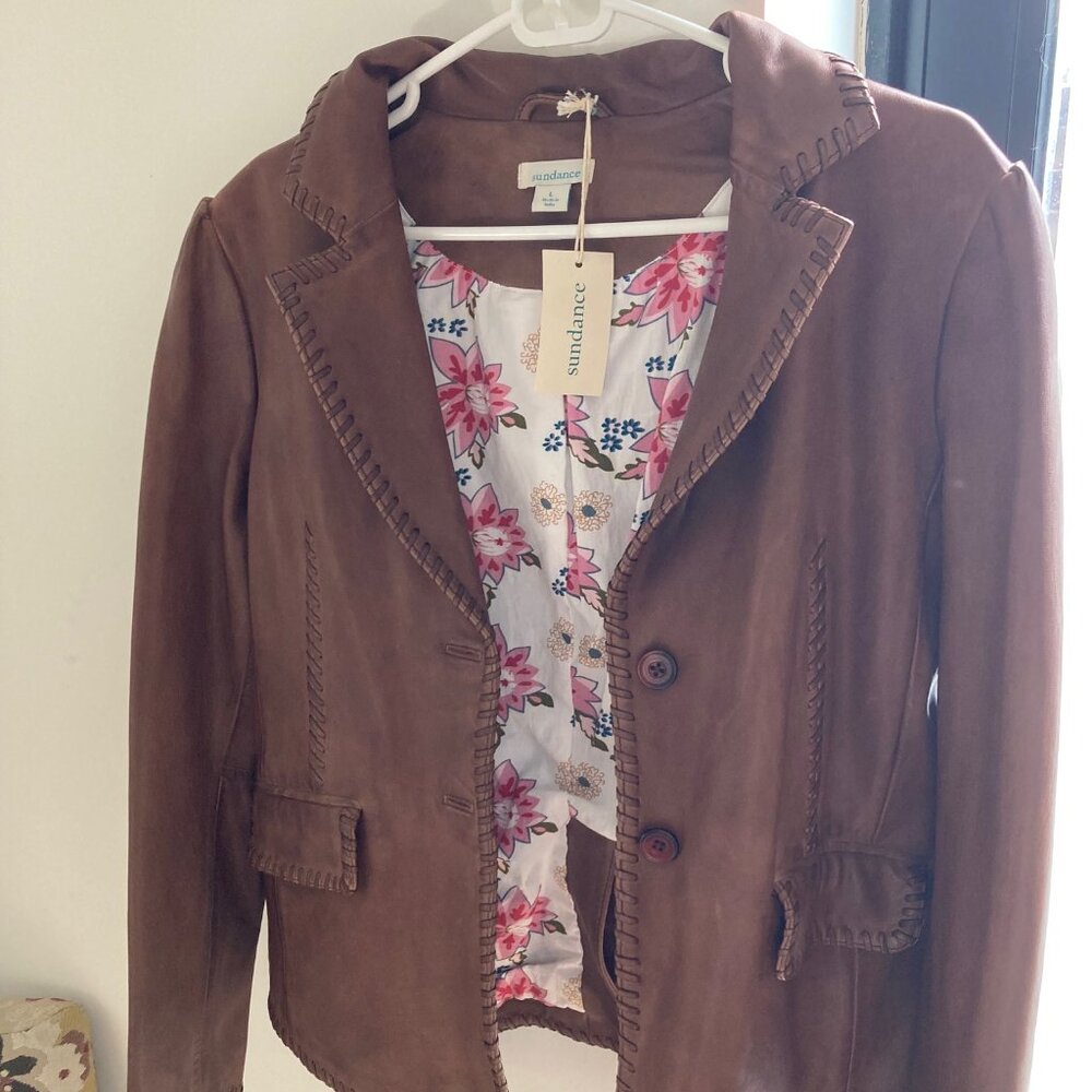 Sundance Leather Blazer with Braid Trim (NWT)